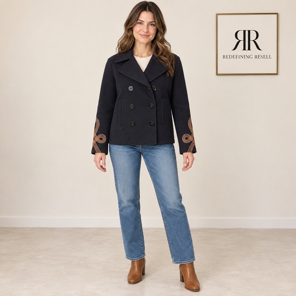 Denim & Supply Ralph Lauren Navy Cotton Pea Coat Embroidered Cuffs Large
